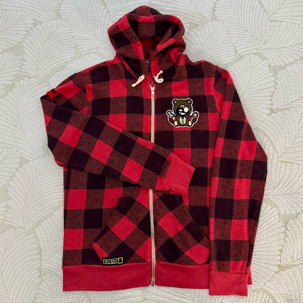 Entree Lifestyle Red and Black Plaid Hoodie with Bear Patch- Size L
